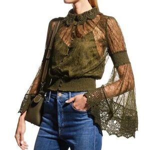 Moss Green Bell-Sleeve Crochet Collared Top Boho Fairy Grunge Witchy Ethereal